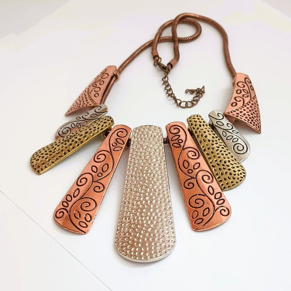Women's 3 Tone Bib Necklace 20" Etched Textured Slide Boho Pendants